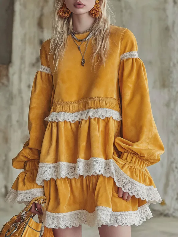 Round Neck Lace Trim Faux Suede Long-sleeved Mini Dress sold by Oyrosy