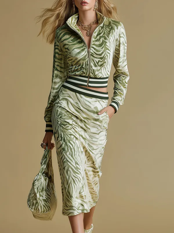 Elegant And Sporty Zebra Print Velvet Top And Skirt Set sold by Oyrosy