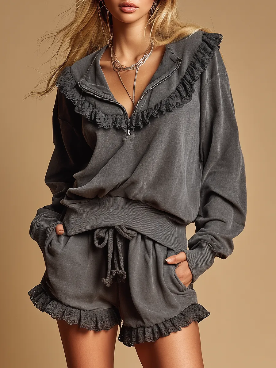 Retro Sporty Ruffled Top And Shorts Set sold by Oyrosy