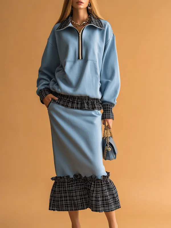 Casual Retro Sporty Plaid Patchwork Sweatshirt And Skirt Set sold by Oyrosy