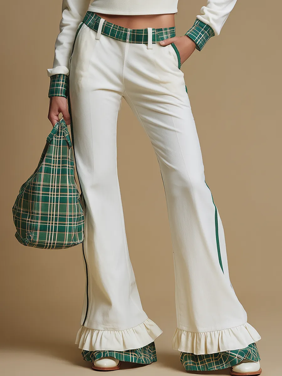 Retro Sporty Plaid Patchwork Top And Flared Pants Set sold by Oyrosy product image thumbnail 4