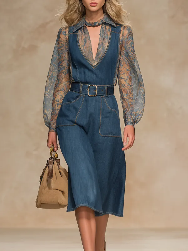 Retro-style Suspenders Denim Midi Skirt sold by Oyrosy