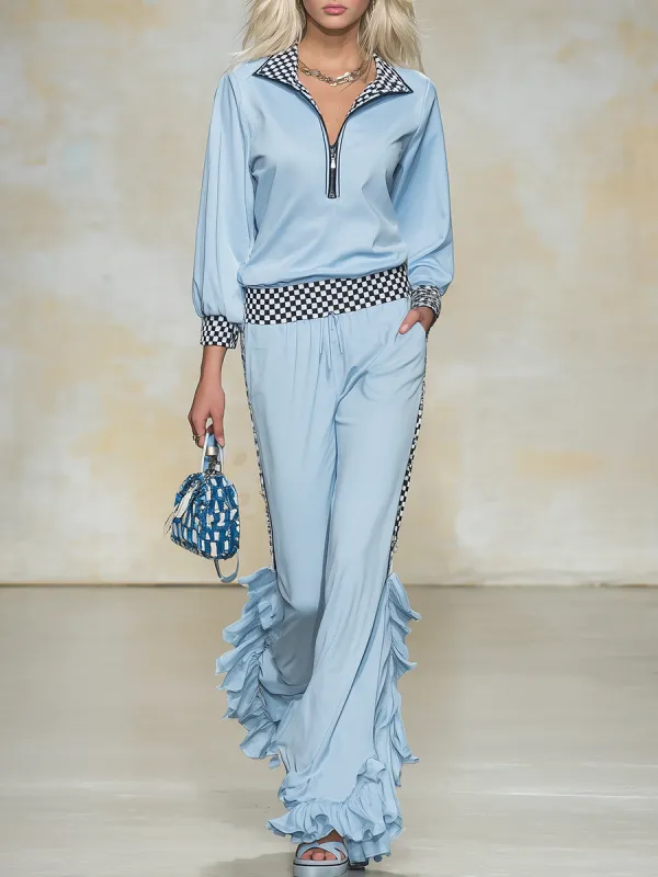 Athletic And Casual Long-sleeved Top And Ruffled Pants Set sold by Oyrosy