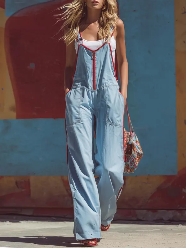 Casual Fashion Versatile Red Trim Front Zipper Light Blue Denim Jumpsuit Overalls made by Oyrosy