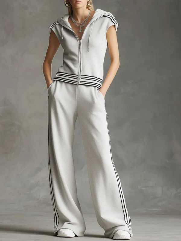 Sporty Black Striped Light Gray Sleeveless Hooded Sweatshirt And Wide-Leg Pants Set sold by Oyrosy