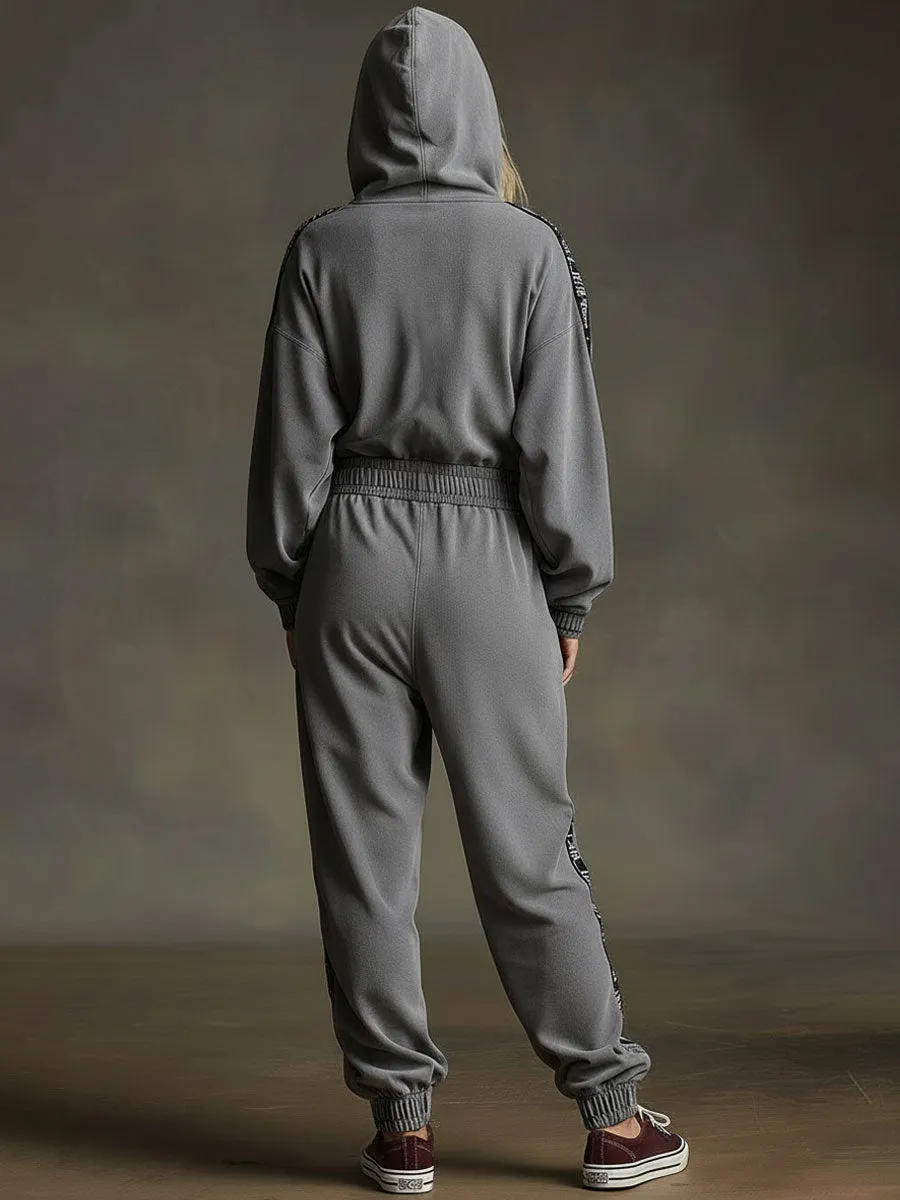 Sporty Retro Letter Webbing Dark Gray Pure Cotton Long-Sleeved Hooded Jumpsuit sold by Oyrosy product image thumbnail 2