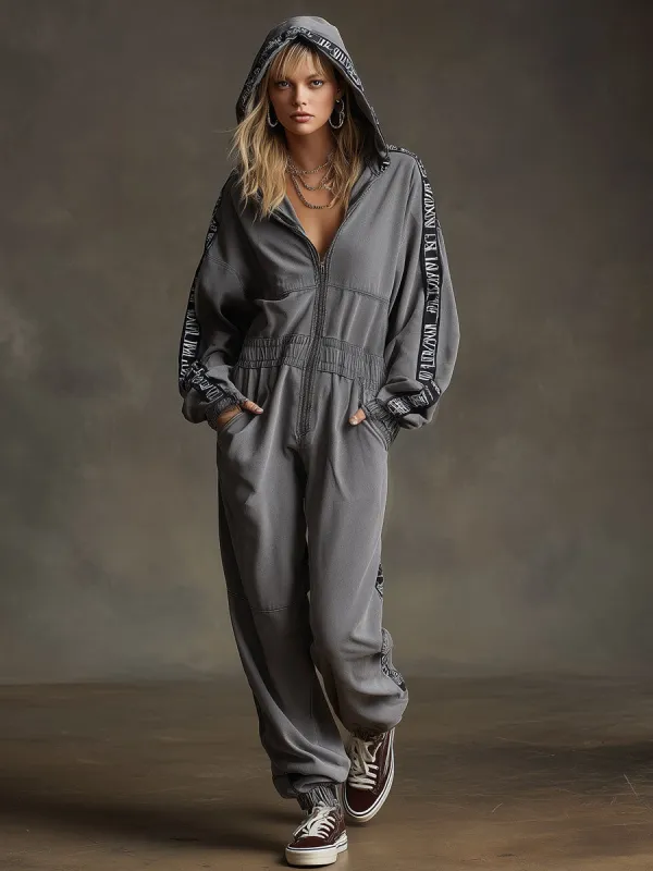 Sporty Retro Letter Webbing Dark Gray Pure Cotton Long-Sleeved Hooded Jumpsuit sold by Oyrosy