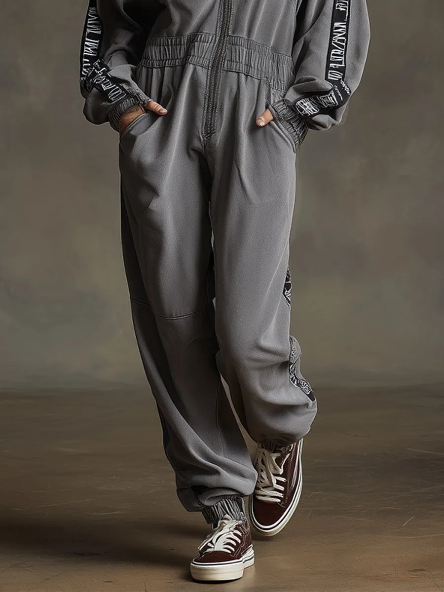 Sporty Retro Letter Webbing Dark Gray Pure Cotton Long-Sleeved Hooded Jumpsuit sold by Oyrosy product image thumbnail 4