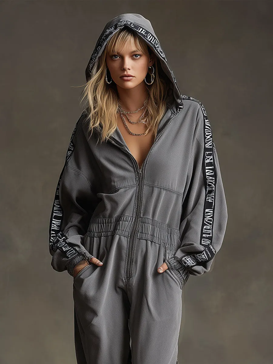 Sporty Retro Letter Webbing Dark Gray Pure Cotton Long-Sleeved Hooded Jumpsuit sold by Oyrosy product image thumbnail 3