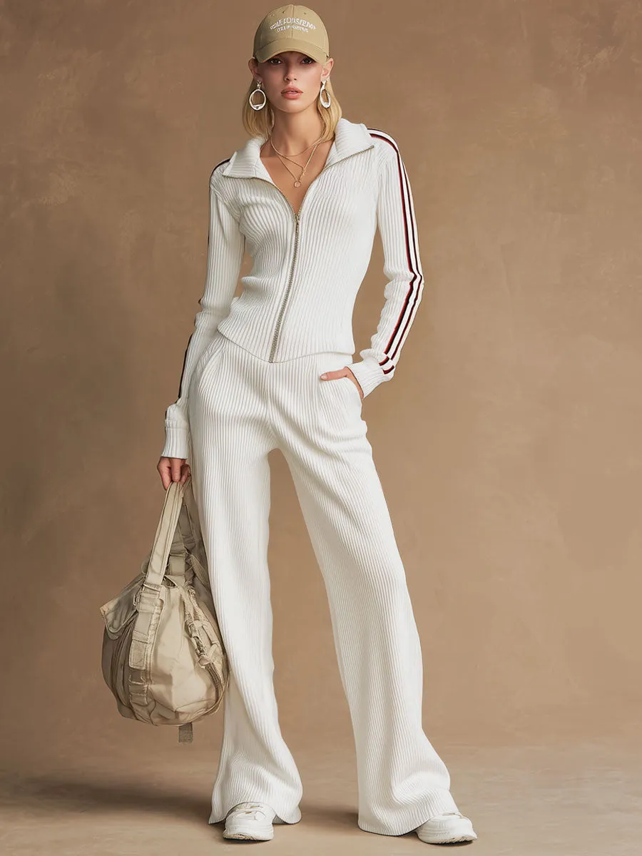 Sporty Retro Ribbed White Knitted Ribbed Long-Sleeve Top And Wide-Leg Pants Set sold by Oyrosy product image thumbnail 2