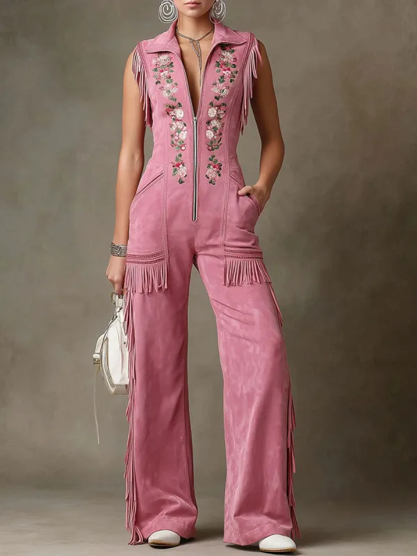 Western-style Retro Floral Embroidered Pink Faux Suede Sleeveless Tassel Jumpsuit made by Oyrosy