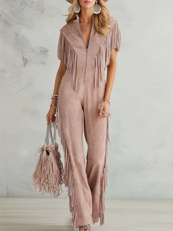 Retro Western-style Dusty Pink Faux Suede Fringe Jumpsuit made by Oyrosy