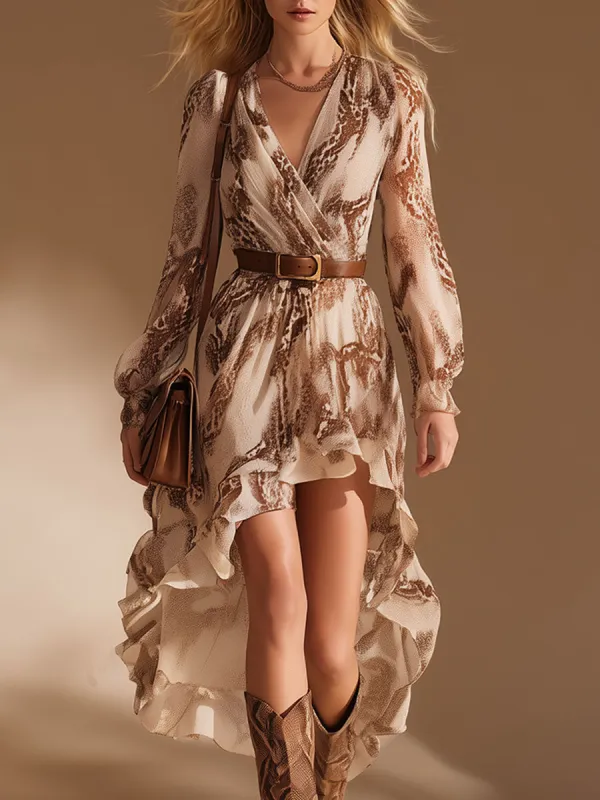 Elegant And Flowing V-Neck Brown Snake Print White Chiffon Midi Dress sold by Oyrosy