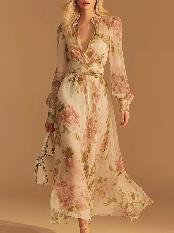 Elegant And Flowing V-neck Red Printed White Chiffon Midi Dress made by Oyrosy