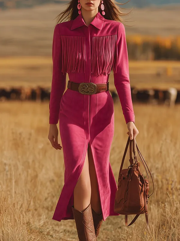 Retro Western Style Fringed Pink Faux Suede Midi Dress sold by Oyrosy