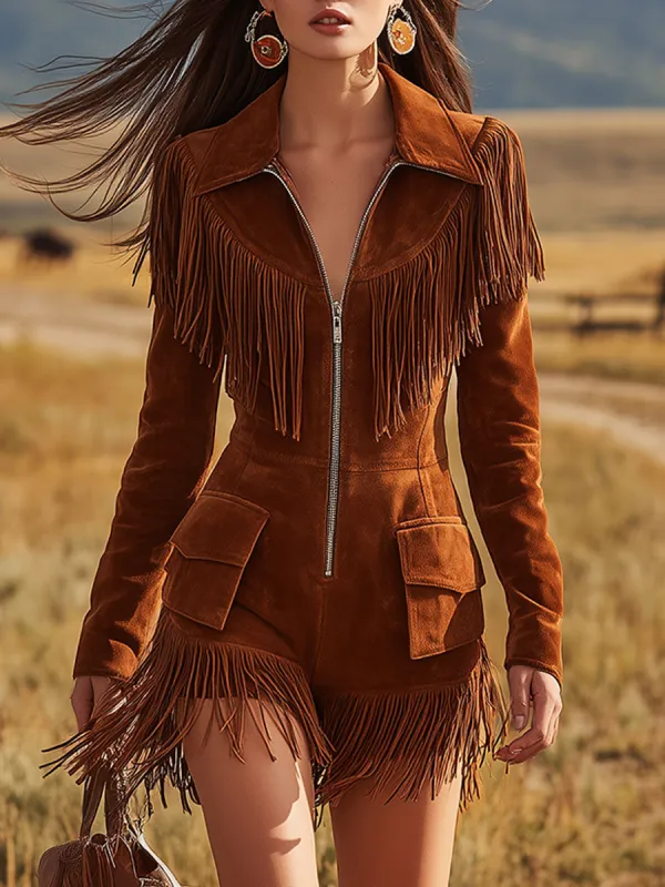 Retro Western Style Fringed Brown Long-sleeved Faux Suede Jumpsuit made by Oyrosy