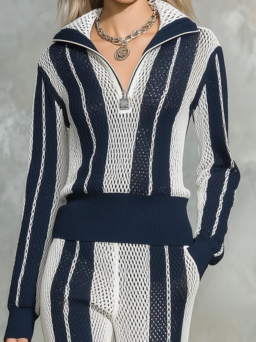 Stylish Blue And White Striped Knit Half-zip Top And Flared Pants Set sold by Oyrosy product image thumbnail 4