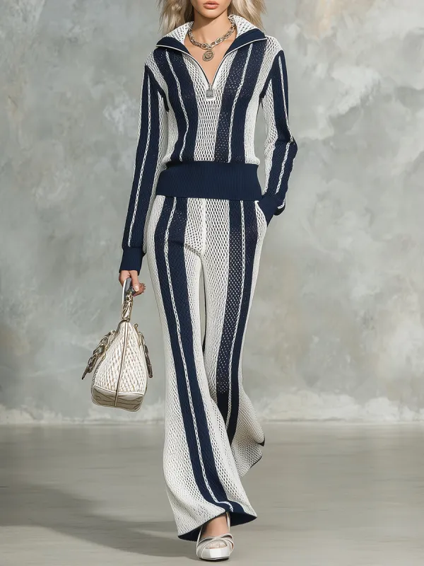 Stylish Blue And White Striped Knit Half-zip Top And Flared Pants Set sold by Oyrosy