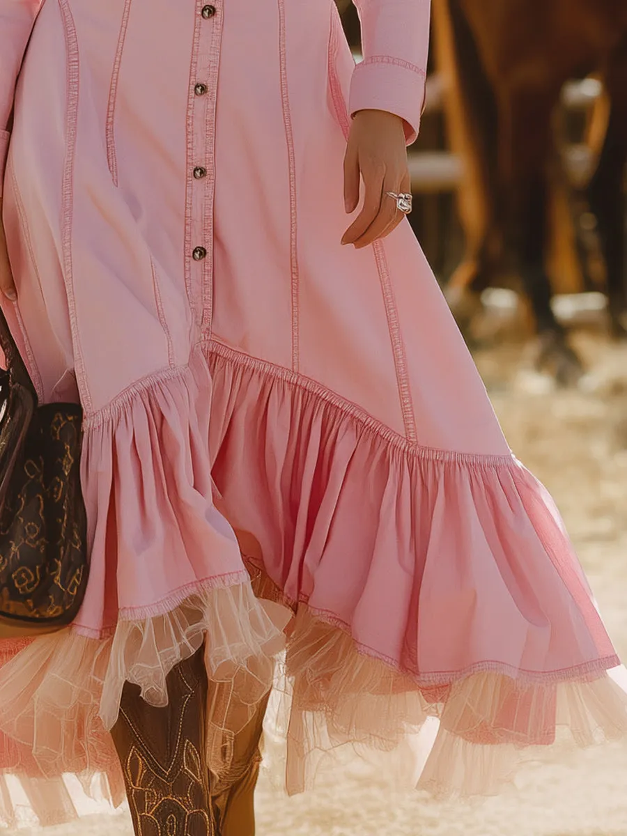 Western-style Pink Denim Button-up With Tulle Paneling Maxi Dress sold by Oyrosy product image thumbnail 3