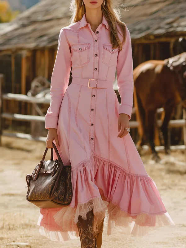 Western-style Pink Denim Button-up  With Tulle Paneling Maxi Dress sold by Oyrosy