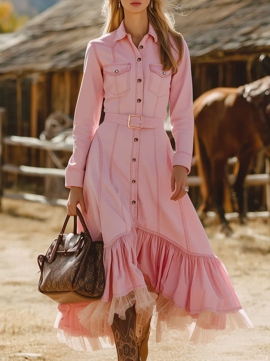 Western-style Pink Denim Button-up With Tulle Paneling Maxi Dress sold by Oyrosy
