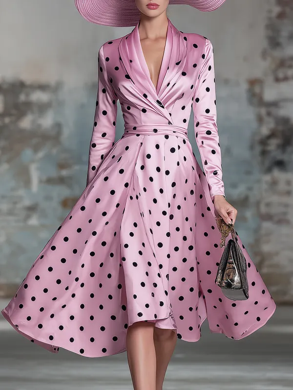 Vintage Pink Satin Polka Dot V-neck Midi Dress sold by Oyrosy