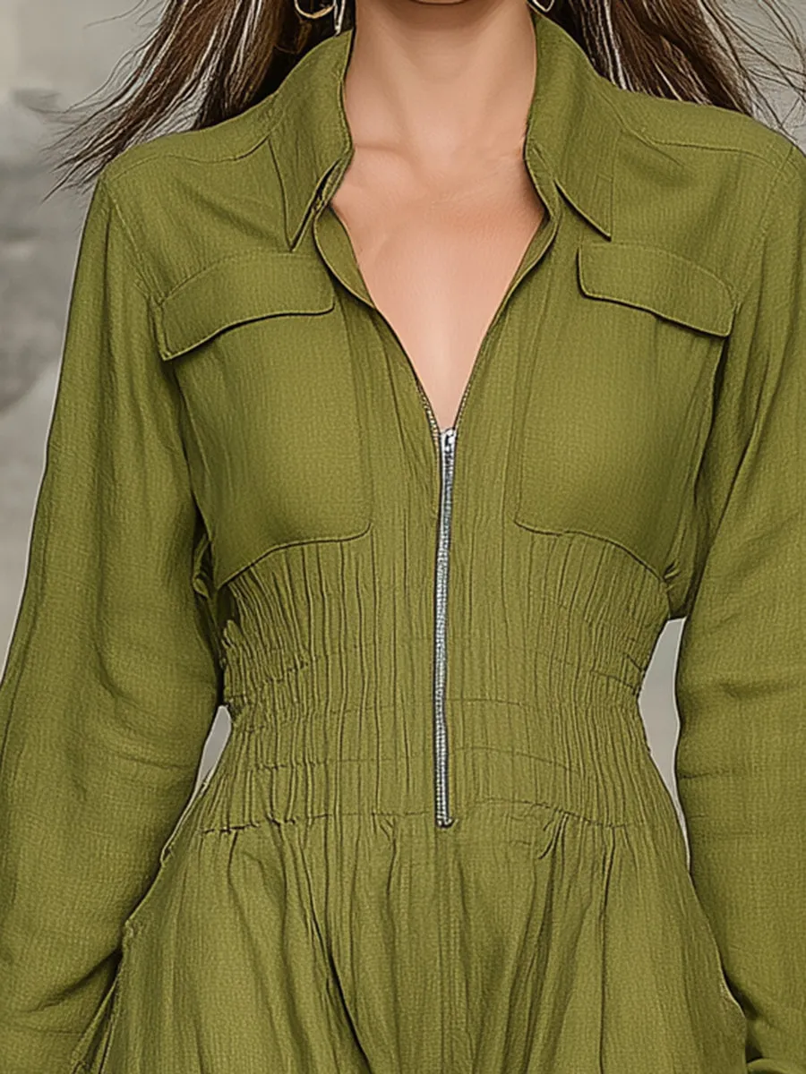 Western-style Olive Green Linen Maxi Dress With Zipper And Elastic Waistband sold by Oyrosy product image thumbnail 5