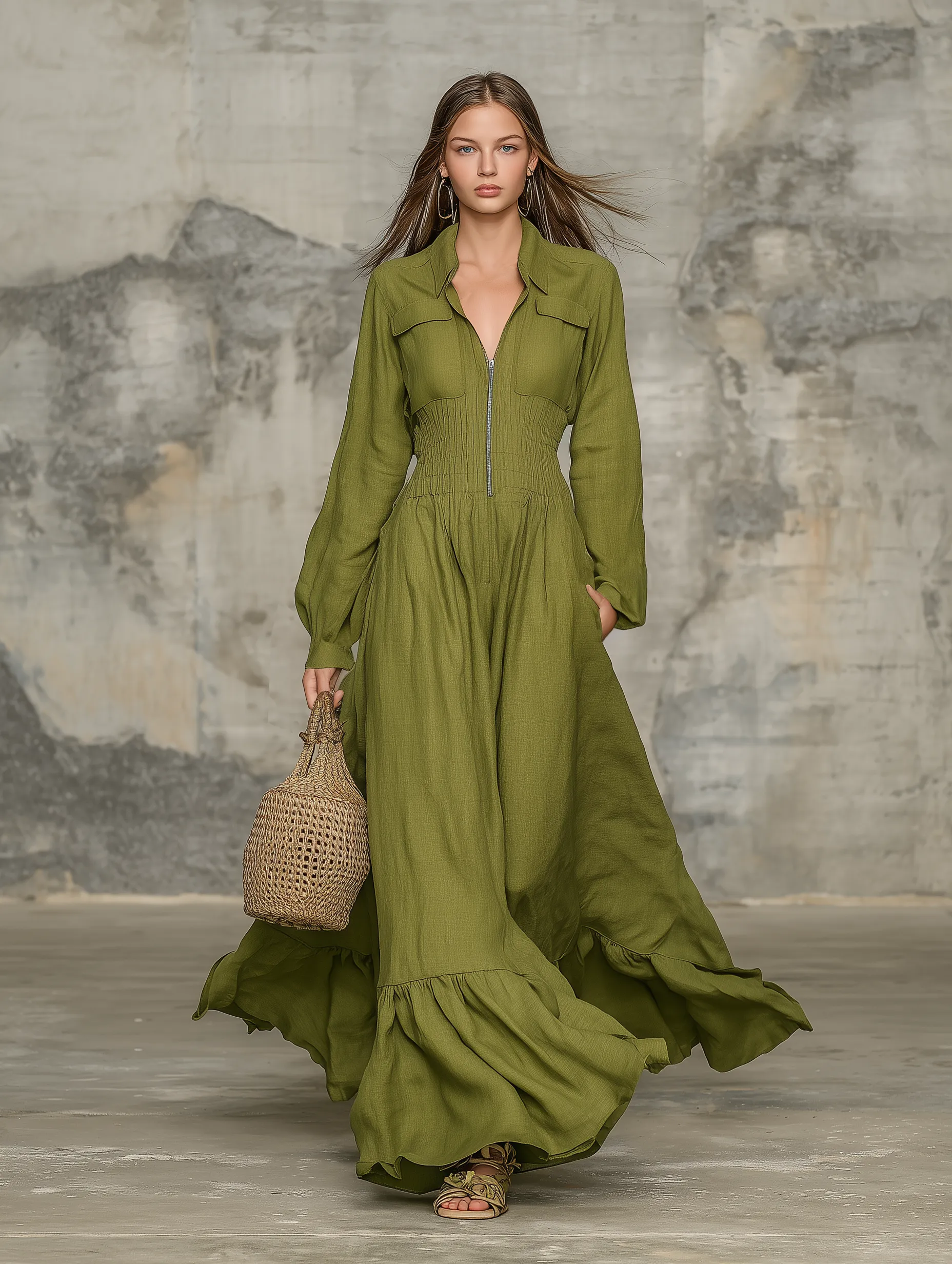 Western-style Olive Green Linen Maxi Dress With Zipper And Elastic Waistband sold by Oyrosy product image thumbnail 2