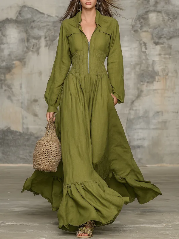 Western-style Olive Green Linen Maxi Dress With Zipper And Elastic Waistband sold by Oyrosy