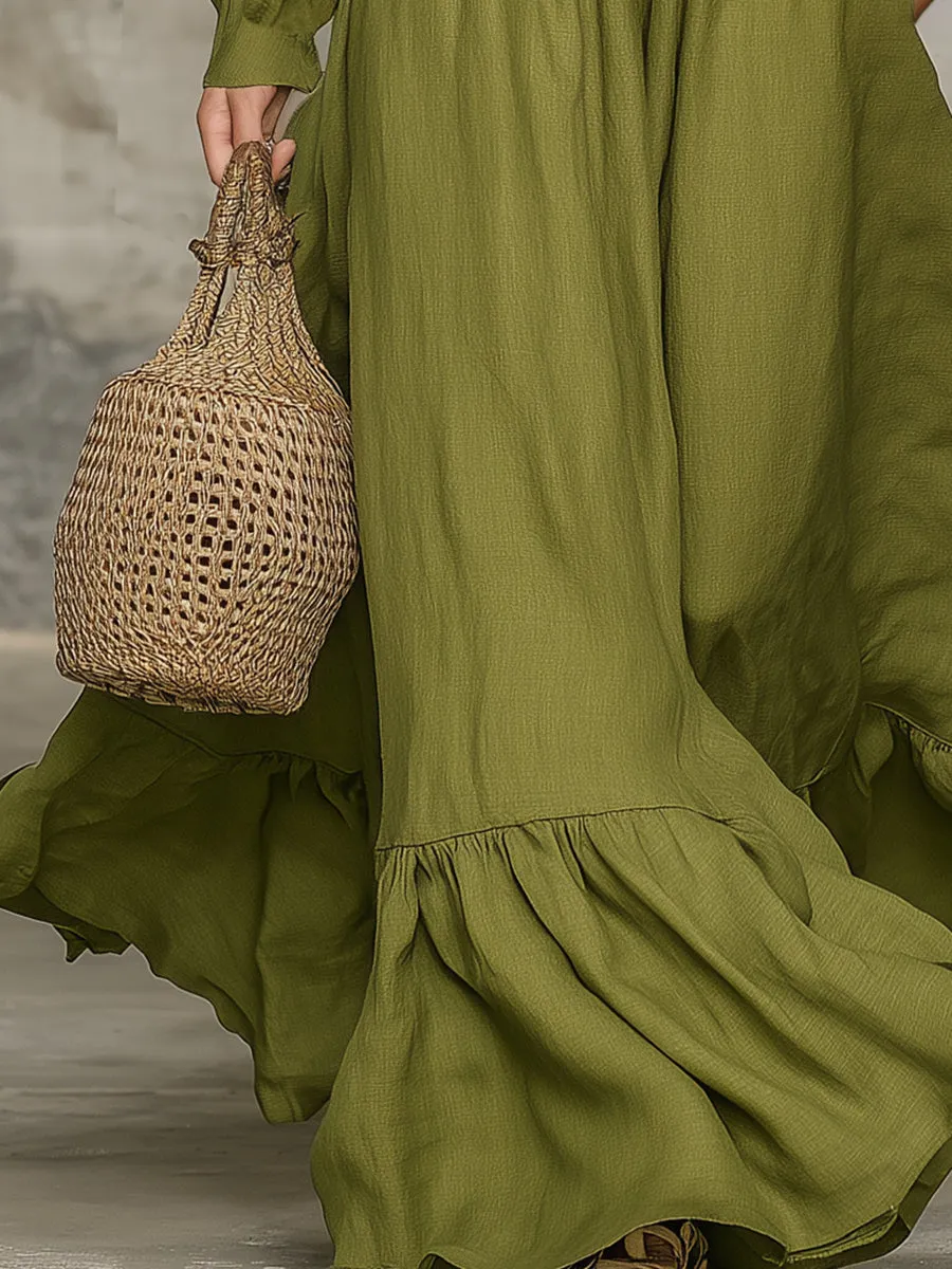 Western-style Olive Green Linen Maxi Dress With Zipper And Elastic Waistband sold by Oyrosy product image thumbnail 3