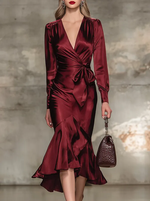 Elegant Angora Red V-neck Midi Dress With Bow Tie Detail made by Oyrosy