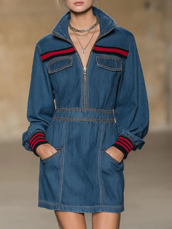 Retro Style Stand-collar Zippered Multi-pocket Denim Long-sleeved Mini Dress sold by Oyrosy