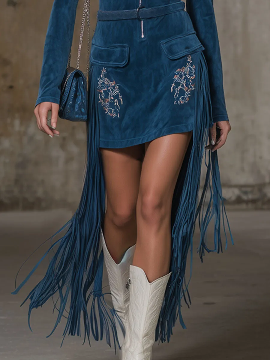 Off-the-shoulder Zippered Embroidered Fringed Faux Suede Long-sleeved Mini Dress sold by Oyrosy product image thumbnail 3