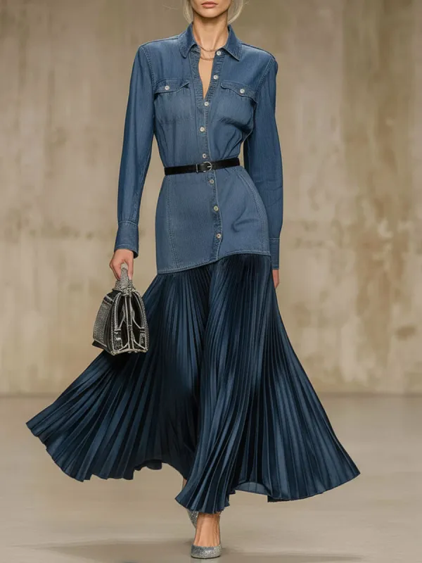Retro-style Lapel Button-down Denim And Satin Patchwork Long-sleeved Maxi Dress sold by Oyrosy