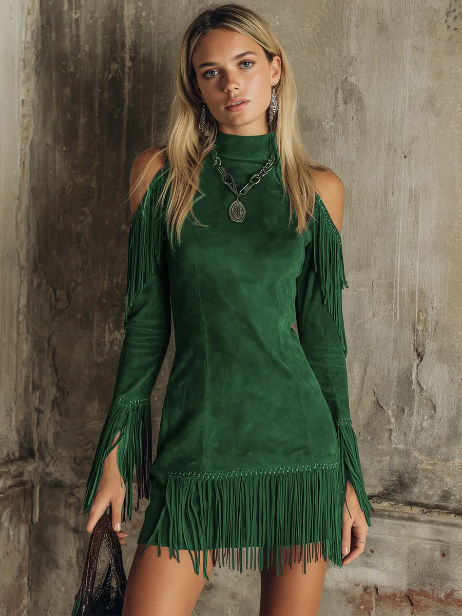 Semi-high Neck Off-the-shoulder Fringed Faux Suede Long-sleeved Mini Dress sold by Oyrosy product image thumbnail 4