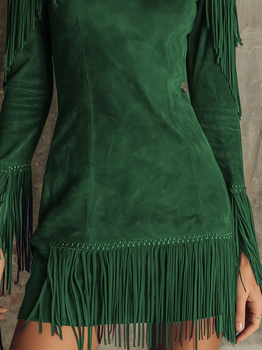 Semi-high Neck Off-the-shoulder Fringed Faux Suede Long-sleeved Mini Dress sold by Oyrosy product image thumbnail 3