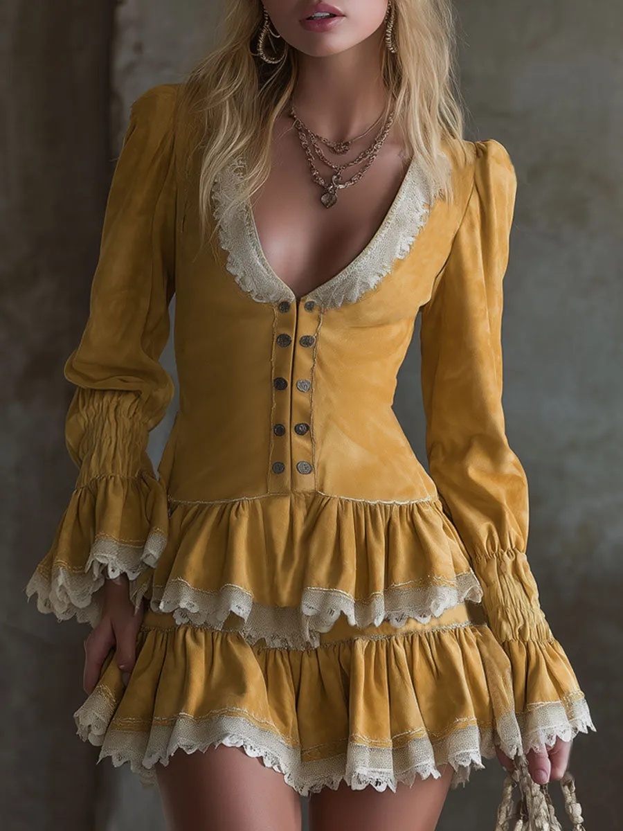 V-neck Lace-trimmed Faux Suede Long-sleeved Mini Dress sold by Oyrosy