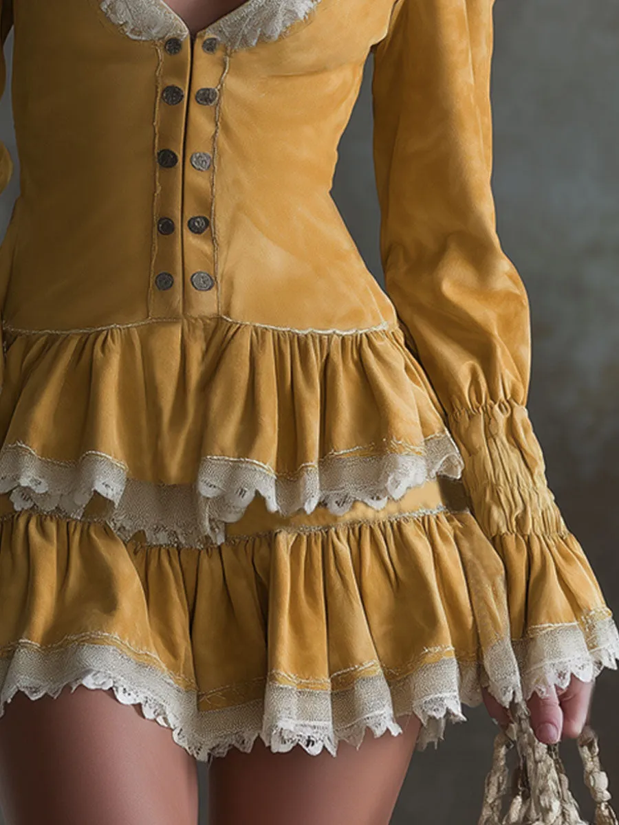 V-neck Lace-trimmed Faux Suede Long-sleeved Mini Dress sold by Oyrosy product image thumbnail 3