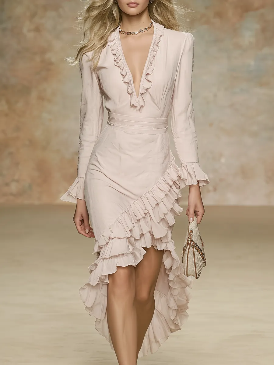 Comfortable And Elegant V-neck Ruffled Midi Dress sold by Oyrosy