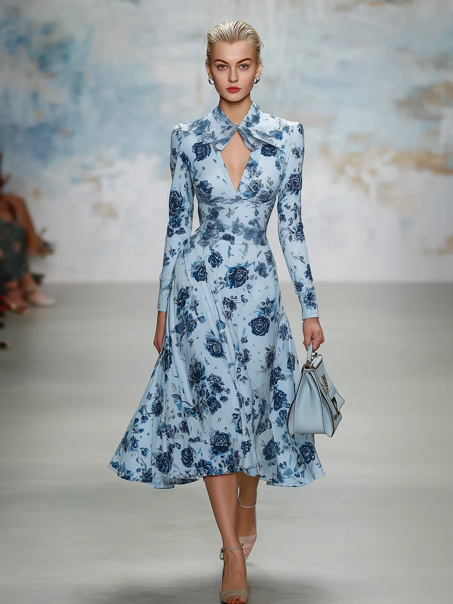 Elegant Vintage-style V-neck A-line Chiffon Midi Dress sold by Oyrosy product image thumbnail 2