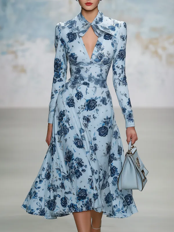Elegant Vintage-style V-neck A-line Chiffon Midi Dress made by Oyrosy
