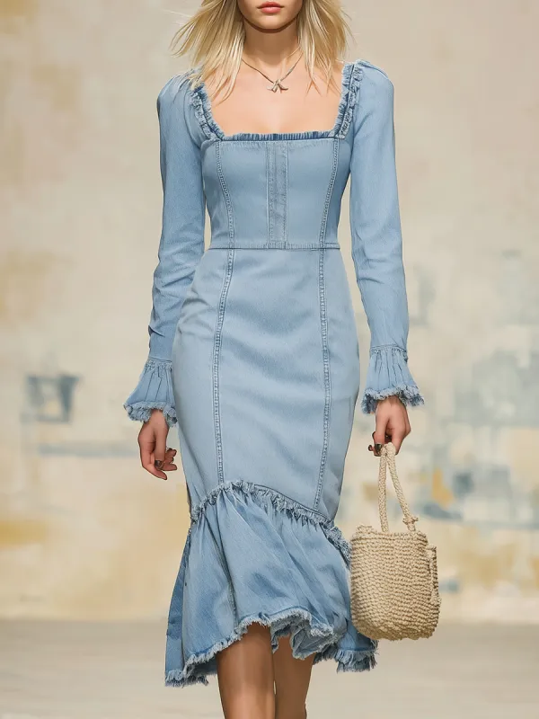 Vintage-style Square-neck Denim Midi Dress sold by Oyrosy