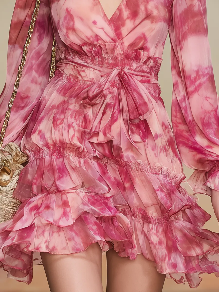Relaxed And Elegant V-neck Printed Chiffon Mini Dress sold by Oyrosy product image thumbnail 4