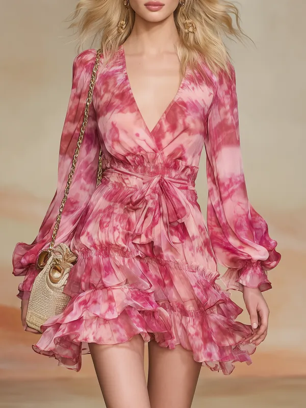 Relaxed And Elegant V-neck Printed Chiffon Mini Dress sold by Oyrosy