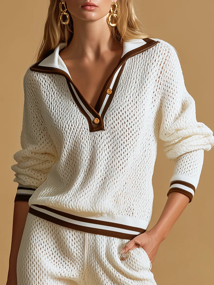 Elegant And Stylish Color-blocked Trim Polo Neck Knitted Top And Trousers Set. sold by Oyrosy product image thumbnail 3