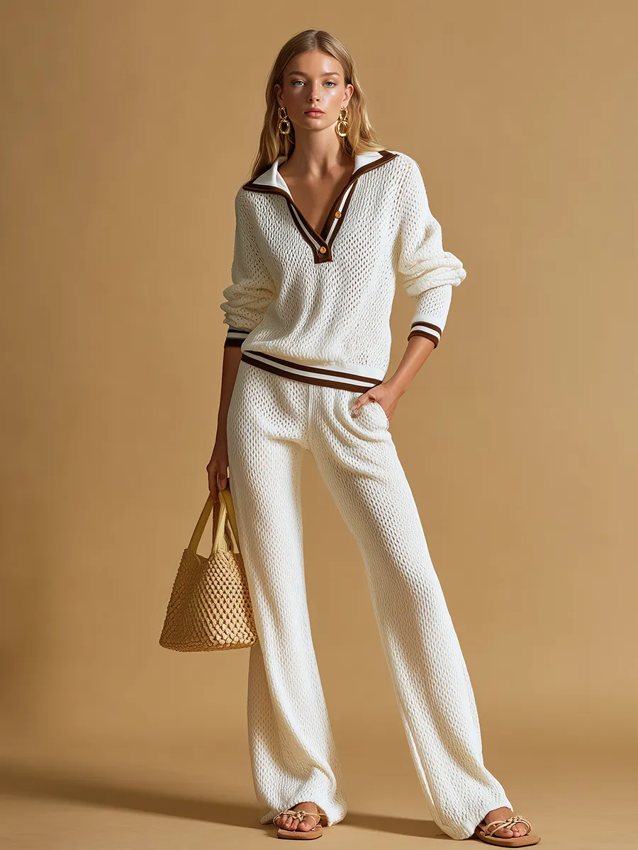 Elegant And Stylish Color-blocked Trim Polo Neck Knitted Top And Trousers Set. sold by Oyrosy product image thumbnail 2