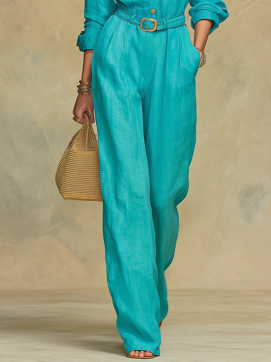 Retro Casual Vacation Style Solid Color Shirt And Pants Set sold by Oyrosy product image thumbnail 4