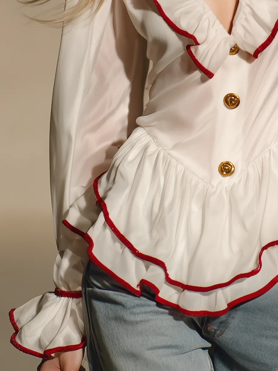 Elegant Vintage Sweet Contrasting Color Trim Ruffled Satin Blouse sold by Oyrosy product image thumbnail 4