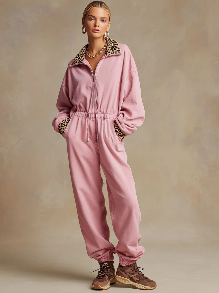 Casual Sporty Retro Pink Cotton Long-Sleeved Leopard Print Jumpsuit sold by Oyrosy product image thumbnail 2
