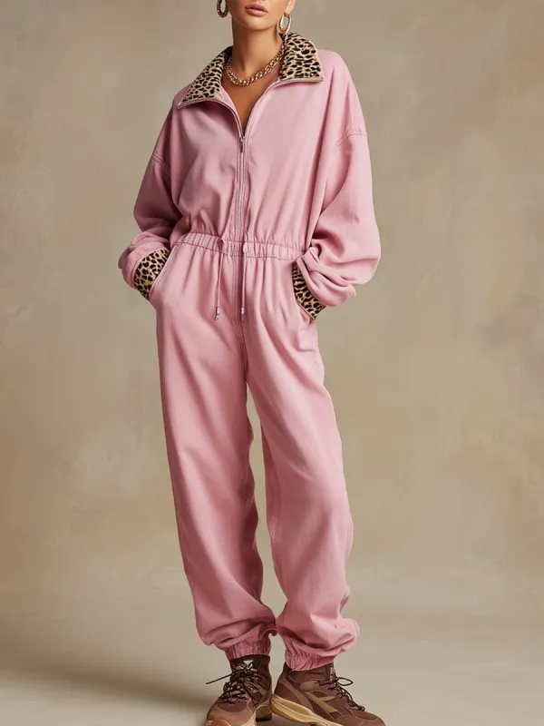 Casual Sporty Retro Pink Cotton Long-Sleeved Leopard Print Jumpsuit made by Oyrosy